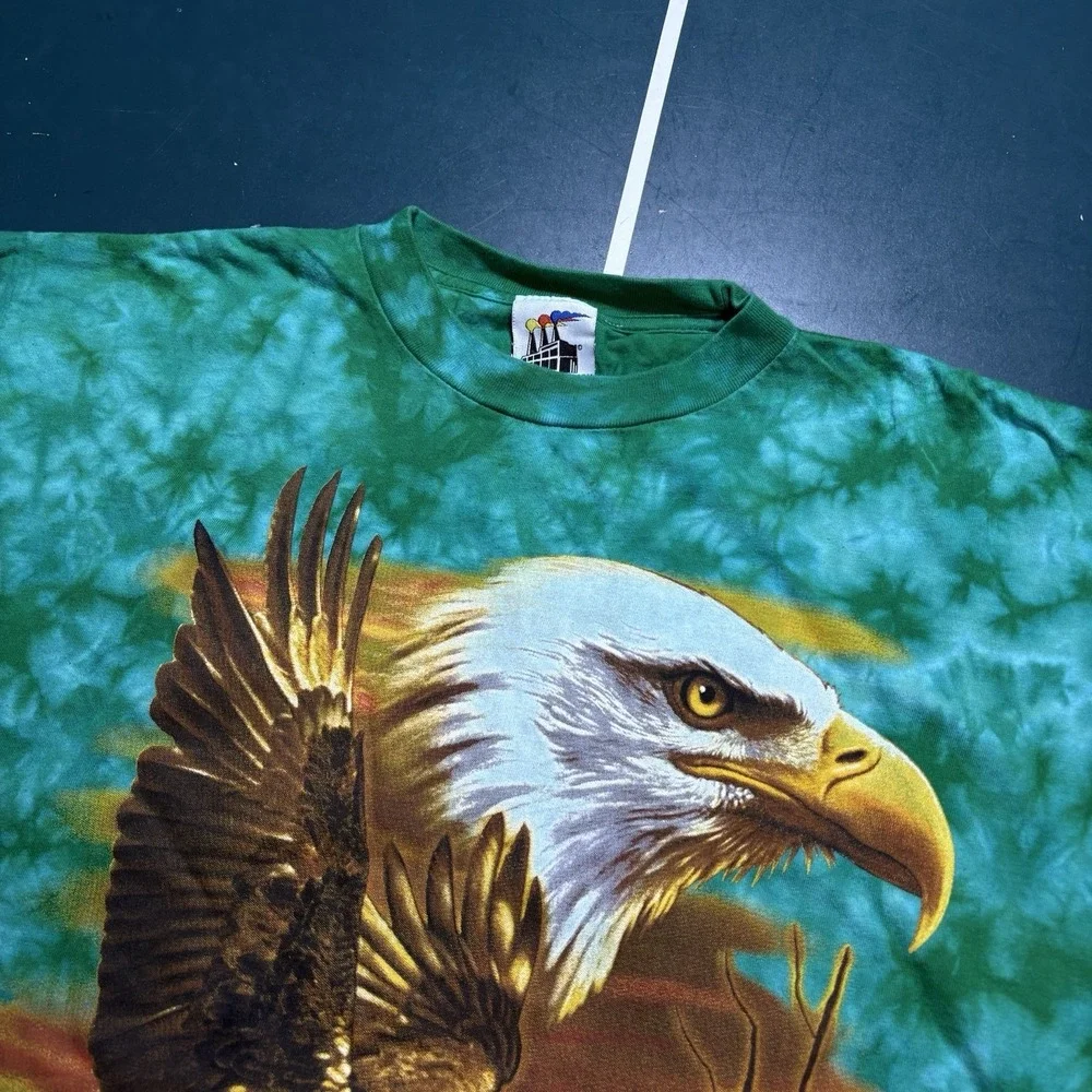 Vintage Bald Eagle All Over Print T-Shirt Size Large Single Stitch‎ Tie Dye 90s